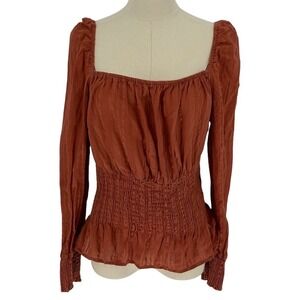 Urban Girl Smocked‎ Peplum Blouse Rust Orange 100% Cotton Large